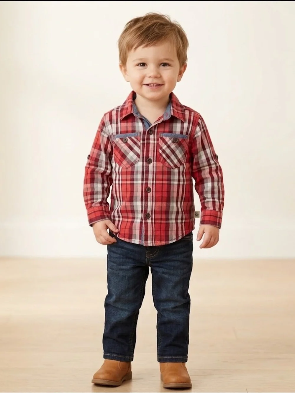 Baby Route 66 Red Plaid Button Down Shirt, Size 24 Months